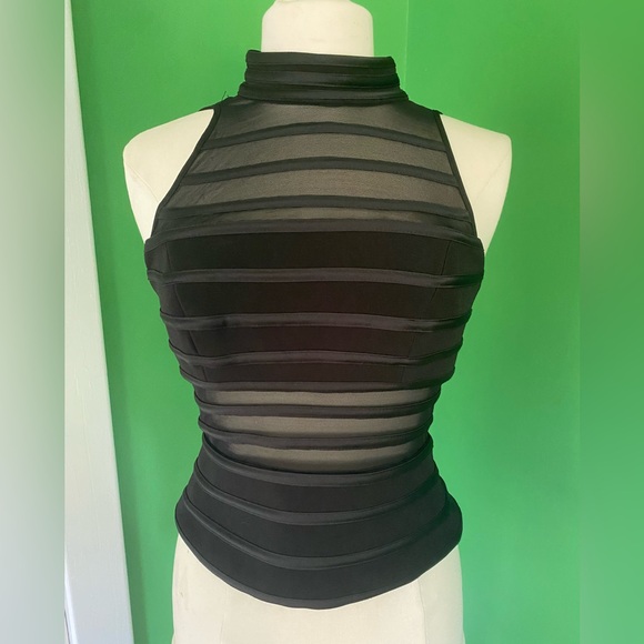 Cache Tops - Y2K 2000s Cache Sheer Striped Sleeveless Mock Neck Top made in Canada